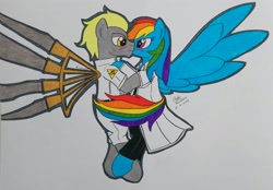 Size: 3406x2368 | Tagged: safe, artist:boyoxhot, derpibooru import, rainbow dash, oc, oc:h8-seed, pegasus, pony, fanfic:rainbow factory, blushing, canon x oc, clothes, female, hug, kissing, male, mare, rainbow factory dash, stallion, wings