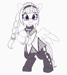 Size: 4929x5508 | Tagged: safe, artist:pabbley, derpibooru import, twilight sparkle, twilight sparkle (alicorn), alicorn, pony, bipedal, bow, braided ponytail, clothes, costume, cute, female, glasses, homura akemi, leggings, magical girl, mare, monochrome, neo noir, open mouth, pantyhose, partial color, ponytail, puella magi madoka magica, ribbon, shoes, skirt, smiling, solo, twiabetes