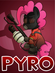 Size: 3000x4000 | Tagged: safe, artist:10art1, pinkie pie, earth pony, pony, clothes, cosplay, costume, female, flamethrower, goggles, mare, mask, pinkie pyro, pyro, solo, team fortress 2, weapon