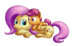 Size: 2104x1366 | Tagged: safe, artist:uber-dragon, fluttershy, scootaloo, pegasus, pony, cuddling, cute, simple background, snuggling, transparent background