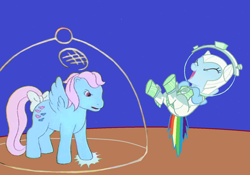 Size: 1466x1024 | Tagged: safe, artist:guihercharly, derpibooru import, rainbow dash, wind whistler, pegasus, pony, g1, my little pony 'n friends, angry, astrodash, astronaut, clothes, costume, crossover, funny, glass dome, helmet, laughing, moon, practical joke, space, spacesuit