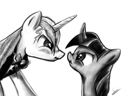 Size: 500x395 | Tagged: safe, artist:styber, derpibooru import, prince blueblood, twilight sparkle, :t, blushing, eye contact, female, frown, glare, male, monochrome, scrunchy face, shipping, straight, tsundere, tsunlight sparkle, twiblood