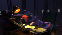 Size: 2560x1440 | Tagged: safe, artist:zigidi94, derpibooru import, twilight sparkle, 3d, desk, lamp, night, solo, source filmmaker, worried