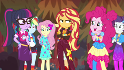 Size: 1920x1080 | Tagged: safe, screencap, applejack, fluttershy, pinkie pie, rainbow dash, rarity, sci-twi, sunset shimmer, twilight sparkle, better together, equestria girls, sunset's backstage pass!, humane five, humane seven, humane six, music festival outfit