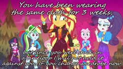 Size: 888x500 | Tagged: safe, edit, edited screencap, screencap, applejack, fluttershy, pinkie pie, rainbow dash, rarity, sci-twi, sunset shimmer, twilight sparkle, better together, equestria girls, sunset's backstage pass!, caption, fashion, humane five, humane seven, humane six, image macro, music festival outfit, text