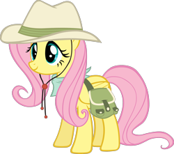 Size: 3000x2648 | Tagged: safe, artist:doctor-g, fluttershy, pegasus, pony, three's a crowd, bandana, clothes, explorer outfit, fedora, hat, saddle bag, simple background, solo, transparent background, vector