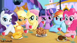 Size: 2560x1440 | Tagged: safe, artist:fadlihalimns, derpibooru import, applejack, fluttershy, pinkie pie, rainbow dash, rarity, twilight sparkle, earth pony, pegasus, pony, unicorn, alcohol, art, chocolate, date, dating, digital art, donut, drink, female, food, glass, lip bite, looking at you, mane six, mare, muffin, relaxing, smiling, smirk, table, wine, wine glass