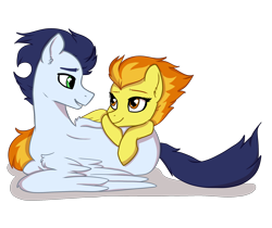 Size: 2000x1677 | Tagged: safe, artist:juli-leysson, derpibooru import, soarin', spitfire, pony, cuddling, looking at each other, male, on side, shipping, simple background, smiling, snuggling, soarinfire, straight, transparent background