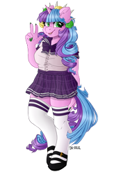 Size: 1024x1449 | Tagged: safe, artist:sk-ree, oc, oc only, oc:ivy lush, anthro, pony, unguligrade anthro, unicorn, anthro oc, clothes, female, flower, flower in hair, kneesocks, mare, mary janes, miniskirt, plaid skirt, pleated skirt, school uniform, shoes, simple background, skirt, socks, solo, thigh highs, transparent background, zettai ryouiki