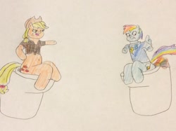 Size: 1280x956 | Tagged: safe, artist:snipiper, derpibooru import, applejack, rainbow dash, earth pony, pegasus, pony, semi-anthro, but why, fart, fart fetish, female, fetish, implied pooping, rainbow fart, toilet, traditional art