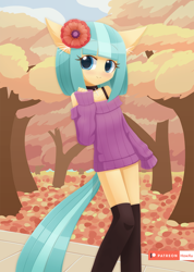 Size: 1000x1403 | Tagged: safe, artist:howxu, coco pommel, anthro, human, autumn, bottomless, choker, clothes, cocobetes, cute, ear fluff, female, flower, flower in hair, humanized, leaves, looking at you, partial nudity, socks, solo, stockings, sweater, tailed humanization, thigh highs, tree