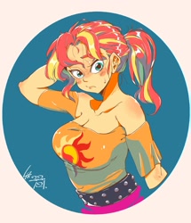 Size: 2000x2328 | Tagged: safe, artist:sozglitch, sunset shimmer, equestria girls, alternate hairstyle, big breasts, blushing, breasts, cleavage, female, looking at you, ponytail, solo, sunset jiggler