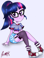 Size: 1536x2048 | Tagged: safe, artist:artmlpk, sci-twi, twilight sparkle, equestria girls, adorkable, blushing, bow, clothes, converse, cute, design, dork, fashion style, garters, glasses, looking back, midriff, miniskirt, ponytail, shirt, shoes, short shirt, sitting, skirt, sneakers, socks, solo, stockings, thigh highs, toy, trendy style, twiabetes, zettai ryouiki