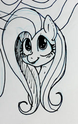 Size: 1064x1678 | Tagged: safe, artist:bangaraa, fluttershy, pegasus, pony, bust, looking at you, looking up, monochrome, portrait, solo, traditional art