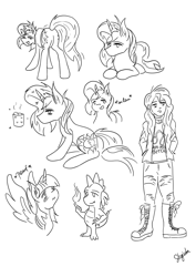 Size: 3508x4961 | Tagged: safe, artist:shyinka, spike, sunset shimmer, twilight sparkle, alicorn, dragon, human, pony, unicorn, boots, boss ass bitch, bunset shimmer, butt, clothes, combat boots, compilation, doodle, fire, geode of empathy, jacket, jeans, leather jacket, leo, lineart, magical geodes, monochrome, multeity, pants, pomf, pose, random, ripped jeans, shimmerstorm, shoes, sitting, sketch, spread wings, standing, sunlight, wiggle, wingboner, wings, zodiac, zodiac sign