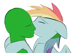 Size: 770x554 | Tagged: safe, artist:kejifox, derpibooru import, edit, rainbow dash, oc, oc:anon, human, pegasus, pony, cropped, eyes closed, female, kissing, mare, simple background, white background