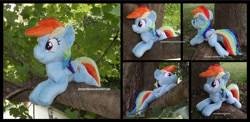 Size: 1278x625 | Tagged: safe, artist:peruserofpieces, derpibooru import, rainbow dash, pegasus, pony, beanie (plushie), female, folded wings, from behind, happy, irl, lying down, mare, photo, plushie, profile, smiling, solo, toy, tree, tree branch, wings