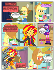 Size: 612x792 | Tagged: safe, artist:greatdinn, artist:newbiespud, edit, edited screencap, screencap, applejack, snails, spike, sunset shimmer, twilight sparkle, dog, collaboration, comic:friendship is dragons, equestria girls, equestria girls (movie), alcohol, angry, animal, balloon, beer bottle, boots, buzzing, cider, clipboard, clothes, comic, confused, cutie mark on clothes, dialogue, eyes closed, female, freckles, frown, gym, hat, male, onomatopoeia, open mouth, red face, screencap comic, shoes, skirt, spike the dog, unamused