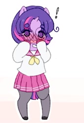 Size: 563x829 | Tagged: safe, artist:luxjii, derpibooru import, twilight sparkle, semi-anthro, ask nerdy twilight, beanbrows, blushing, clothes, cute, exclamation point, eyebrows, female, glasses, moe, open mouth, pantyhose, pleated skirt, sailor uniform, school uniform, skirt, solo, swirly eyes, twiabetes, uniform