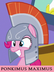 Size: 400x528 | Tagged: safe, screencap, pinkie pie, earth pony, pony, the one where pinkie pie knows, armor, cropped, cute, diapinkes, female, grin, helmet, keksimus maximus, mare, meme, ponk, smiling, solo, squee, text