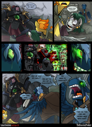 Size: 3000x4091 | Tagged: safe, artist:dracojayproduct, derpibooru import, spitfire, oc, oc:pierson, oc:titus, oc:willow, minotaur, comic:lunar isolation, angry, cloak, clothes, comic, crying, dark magic, french, glowing eyes, gritted teeth, magic, sombra eyes, yelling