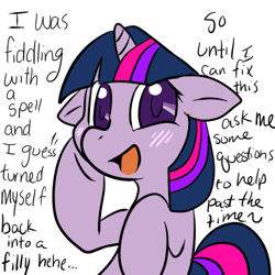 Size: 500x500 | Tagged: safe, artist:lustrous-dreams, derpibooru import, twilight sparkle, ask, ask filly twilight, filly, solo, tumblr, younger