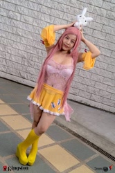 Size: 639x960 | Tagged: safe, angel bunny, fluttershy, human, belly button, bra, clothes, cosplay, costume, irl, irl human, panties, photo, see-through, skirt, solo, underwear, white underwear