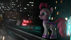 Size: 3840x2160 | Tagged: safe, artist:sindroom, fili-second, pinkie pie, earth pony, pony, 3d, building, clothes, cosplay, costume, misspelling, night, poster, signs, solo, source filmmaker