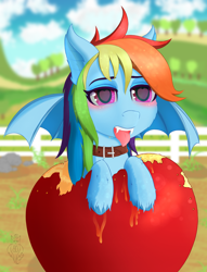 Size: 4156x5442 | Tagged: safe, artist:batsdisaster, derpibooru import, rainbow dash, bat pony, pegasus, pony, apple, bat ponified, bat wings, blushing, collar, fangs, female, food, heart eyes, mare, race swap, solo, tongue out, wingding eyes, wings