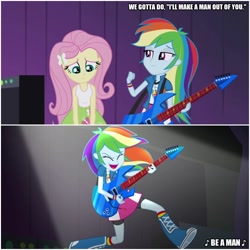 Size: 1000x1000 | Tagged: safe, derpibooru import, edit, edited screencap, screencap, fluttershy, rainbow dash, equestria girls, rainbow rocks, awesome as i want to be, caption, i'll make a man out of you, image macro, mulan, music, song, song reference, text
