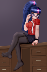 Size: 1300x2000 | Tagged: safe, artist:focusb, derpibooru import, sci-twi, twilight sparkle, human, equestria girls, adorasexy, breasts, busty sci-twi, clothes, crossed legs, cute, desk, digital art, female, glasses, headlight sparkle, human coloration, humanized, legs, looking at you, missing shoes, nail polish, necktie, pantyhose, ponytail, sexy, shirt, sitting, skirt, smiling, solo, stocking feet, twiabetes, watch, wristwatch