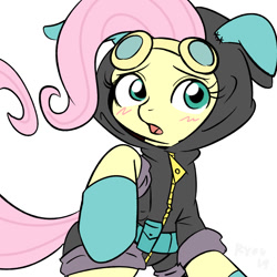 Size: 1122x1122 | Tagged: safe, artist:ryou14, fluttershy, pegasus, pony, magic duel, blushing, bunny ears, clothes, costume, cute, dangerous mission outfit, female, goggles, hoodie, mare, open mouth, shyabetes, simple background, solo, white background