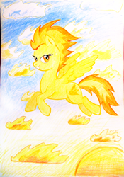 Size: 2688x3844 | Tagged: safe, artist:chimajra, derpibooru import, spitfire, cloud, flying, solo, sun, traditional art