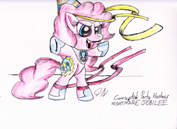 Size: 2334x1700 | Tagged: safe, artist:heromewtwo, pinkie pie, earth pony, pony, bipedal, corrupted, evil, female, fight, hoof shoes, mare, nightmare jubilee, open mouth, simple background, solo, standing, traditional art, white background