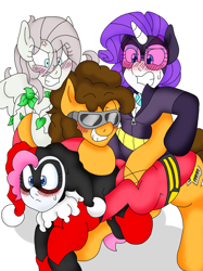 Size: 1700x2276 | Tagged: safe, artist:blackbewhite2k7, cheese sandwich, fluttershy, pinkie pie, rarity, earth pony, pegasus, pony, unicorn, ask the gothamville sirens, blushing, catwoman, crossover, group hug, harley quinn, lifting, parody, plastic man, poison ivy, stretching