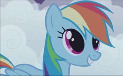 Size: 1152x720 | Tagged: safe, derpibooru import, screencap, rainbow dash, pegasus, pony, friendship is magic, big eyes, cloud, cute, happy, solo