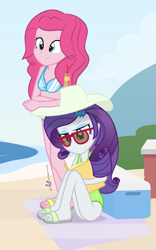 Size: 625x1000 | Tagged: safe, artist:dm29, pinkie pie, rarity, equestria girls, beach, bikini, book, clothes, down under summer, duo, feet, female, hat, one-piece swimsuit, sandals, sun hat, sunglasses, swimsuit