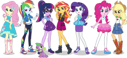 Size: 6125x2799 | Tagged: safe, artist:twilirity, derpibooru import, applejack, fluttershy, pinkie pie, rainbow dash, rarity, sci-twi, spike, spike the regular dog, sunset shimmer, twilight sparkle, dog, better together, equestria girls, absurd resolution, applejack's hat, bowtie, bracelet, clothes, converse, cowboy hat, dress, eqg promo pose set, female, freckles, geode of empathy, geode of fauna, geode of shielding, geode of sugar bombs, geode of super speed, geode of super strength, geode of telekinesis, glasses, group, hairclip, hairpin, hat, high heels, humane five, humane seven, humane six, jacket, jewelry, leather vest, legs, looking at you, magical geodes, male, pants, pantyhose, pencil skirt, ponytail, pose, sandals, shoes, simple background, skirt, sleeveless, smiling, sneakers, socks, spike's dog collar, stetson, transparent background, vector, wristband