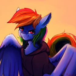 Size: 2000x2000 | Tagged: safe, artist:miokomata, derpibooru import, rainbow dash, pegasus, pony, clothes, female, hoodie, large wings, looking at you, mare, smiling, smirk, solo, wings