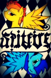 Size: 2008x3040 | Tagged: safe, artist:canvymamamoo, derpibooru import, soarin', spitfire, pony, ambigram, implied soarinfire, male, shipping, smiling, soarinfire, straight, traditional art