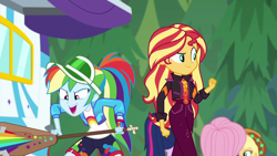 Size: 1920x1080 | Tagged: safe, screencap, applejack, fluttershy, rainbow dash, sci-twi, sunset shimmer, twilight sparkle, equestria girls, equestria girls series, sunset's backstage pass!, spoiler:eqg series (season 2), geode of empathy, geode of super speed, impending doom, magical geodes, music festival outfit