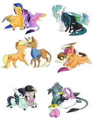 Size: 1624x2177 | Tagged: safe, artist:rhinestonearts, applejack, coloratura, featherweight, flash sentry, gabby, octavia melody, princess celestia, queen chrysalis, scootaloo, sweetie belle, trenderhoof, twilight sparkle, twilight sparkle (alicorn), alicorn, changeling, changeling queen, earth pony, griffon, pony, boop, chest fluff, chryslestia, clothes, colored wings, colored wingtips, cuddling, female, flashlight, gabbelle, hug, interspecies, leonine tail, lesbian, male, mare, nose piercing, nose ring, noseboop, older, piercing, scootaweight, shipping, simple background, stallion, straight, sweater, tail feathers, taviratura, tongue out, trenderjack, white background, winghug