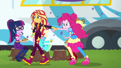 Size: 1920x1080 | Tagged: safe, screencap, applejack, fluttershy, pinkie pie, sci-twi, sunset shimmer, twilight sparkle, equestria girls, equestria girls series, sunset's backstage pass!, spoiler:eqg series (season 2), geode of empathy, geode of sugar bombs, magical geodes, music festival outfit, shoes, sneakers, tree stump