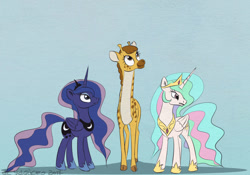 Size: 954x668 | Tagged: safe, artist:el-yeguero, clementine, princess celestia, princess luna, alicorn, giraffe, pony, fluttershy leans in, royal sisters