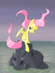 Size: 3600x4800 | Tagged: safe, artist:chaosmalefic, fluttershy, pegasus, pony, cliff, head turn, lidded eyes, looking at you, ocean, rock, sitting, solo, water, windswept hair, windswept mane