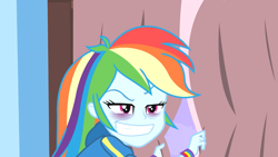 Size: 1366x768 | Tagged: safe, derpibooru import, screencap, rainbow dash, better together, equestria girls, holidays unwrapped, bags under eyes, blizzard or bust, faic, grin, rainbow dash is best facemaker, sleep deprivation, smiling, solo