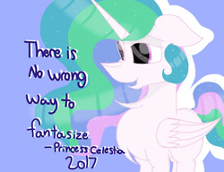 Size: 512x393 | Tagged: safe, artist:littlelynxs04, princess celestia, alicorn, pony, celestial advice, blue background, chest fluff, quote, simple background, solo, there is no wrong way to fantasize