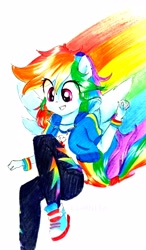 Size: 2322x3988 | Tagged: safe, artist:liaaqila, derpibooru import, rainbow dash, better together, equestria girls, run to break free, clothes, converse, jacket, pants, rainbow, shirt, shoes, sneakers, solo, traditional art, wristband