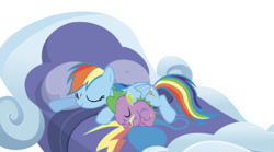 Size: 536x299 | Tagged: artist needed, safe, derpibooru import, editor:undeadponysoldier, rainbow dash, spike, dragon, pegasus, pony, bed, blanket, cloud bed, cute, daaaaaaaaaaaw, dashabetes, eyes closed, female, male, mare, open mouth, pillow, rainbowspike, shipping, simple background, sleeping, sleeping together, spikabetes, spikelove, straight, white background