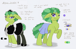 Size: 1328x862 | Tagged: safe, artist:ravenpuff, derpibooru import, oc, oc only, oc:atjour service, earth pony, pony, clothes, cuffs (clothes), duo, earth pony oc, female, grin, maid, maid headdress, mare, pantyhose, reference sheet, shoes, skirt, smiling, text, unamused